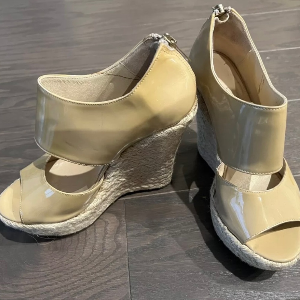 JIMMY CHOO Open Toe Patent Leather Wedge--Size 35